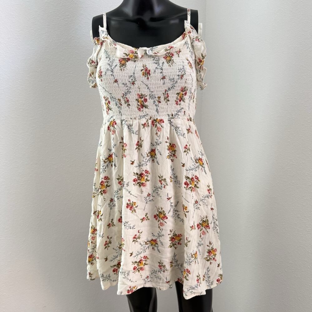 Becool Floral Cold Shoulder Ruffle Mini Dress Smocked White Pink Boho M